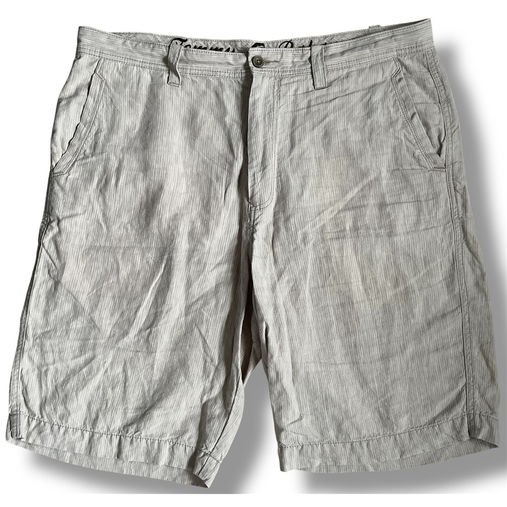 Tommy Bahama Mens 100% Linen Shorts Tan White Striped Flat Front Size 36